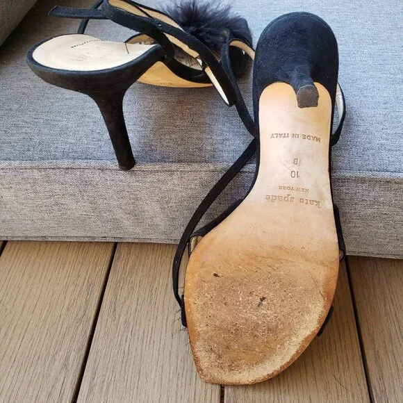 EUC kate spade pom-pom jet black heeled ankle sandals (10) - Picture 5 of 10